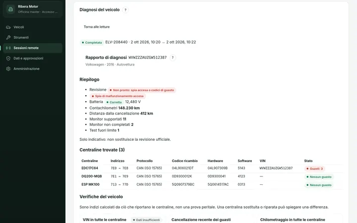 Rapporto di diagnosi di una Volkswagen Golf con tre errori, la spia motore accesa e le sue centraline