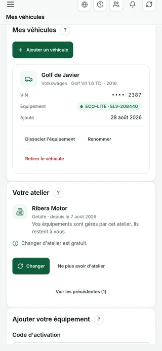 Écran du téléphone du conducteur avec sa Golf, le ECO-LITE associé et son atelier