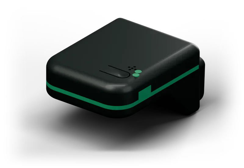 ECO-LITE, black enclosure with a green stripe and the OBD connector behind, three-quarter view