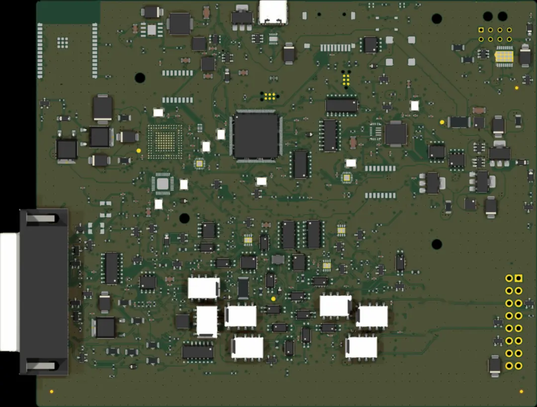 Rendering der Hauptplatine in Entwicklung ohne Bestückungsdruck, mit dem Fahrzeugstecker links